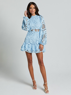 Long Sleeve Waist Gown Short A-line Ruffle Hollow Lace Dresses