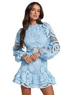 Long Sleeve Waist Gown Short A-line Ruffle Hollow Lace Dresses