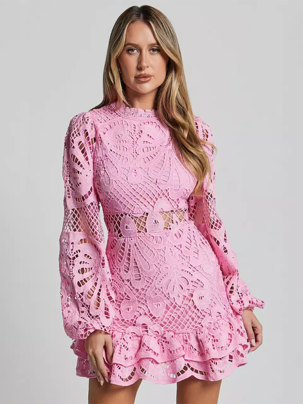 Long Sleeve Waist Gown Short A-line Ruffle Hollow Lace Dresses