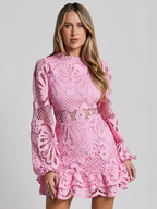 Long Sleeve Waist Gown Short A-line Ruffle Hollow Lace Dresses