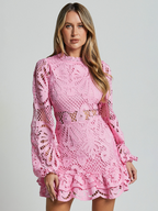 Long Sleeve Waist Gown Short A-line Ruffle Hollow Lace Dresses