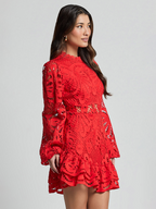 Long Sleeve Waist Gown Short A-line Ruffle Hollow Lace Dresses