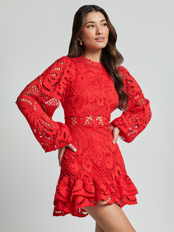 Long Sleeve Waist Gown Short A-line Ruffle Hollow Lace Dresses