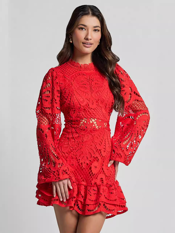 Long Sleeve Waist Gown Short A-line Ruffle Hollow Lace Dresses