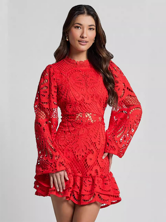 Long Sleeve Waist Gown Short A-line Ruffle Hollow Lace Dresses