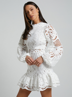 Long Sleeve Waist Gown Short A-line Ruffle Hollow Lace Dresses