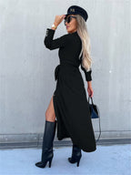 New long skirt solid color cardigan long sleeve dress