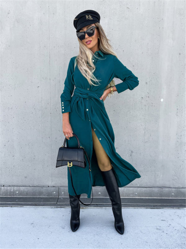 New long skirt solid color cardigan long sleeve dress