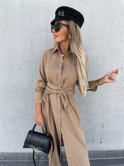 New long skirt solid color cardigan long sleeve dress