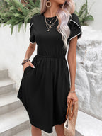 Simple style round neck lace petal short sleeve T-shirt dress
