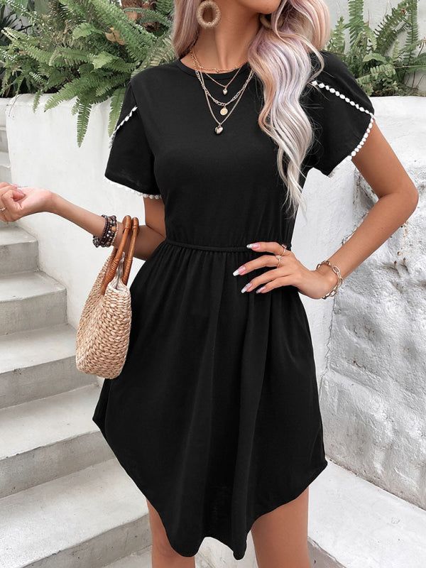 Simple style round neck lace petal short sleeve T-shirt dress