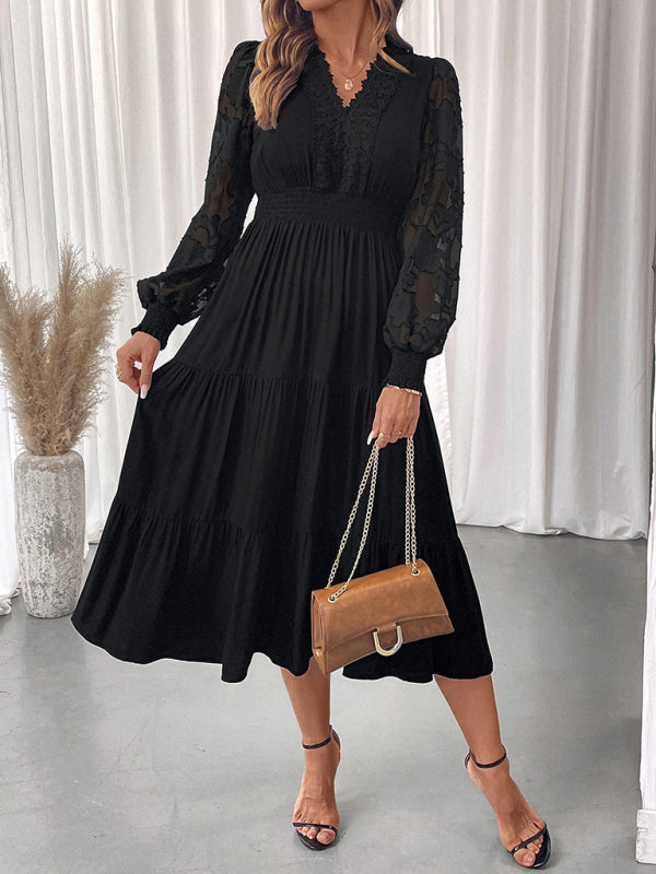 V-neck waist lace long-sleeved solid color dress
