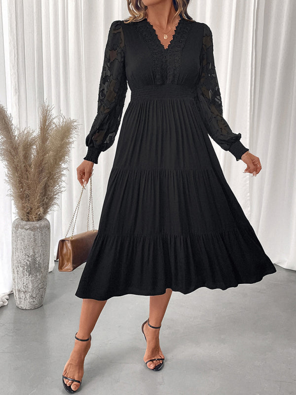 V-neck waist lace long-sleeved solid color dress