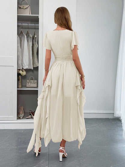 Elegant short-sleeved deep V long dress