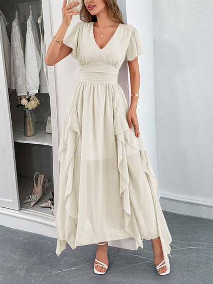 Elegant short-sleeved deep V long dress