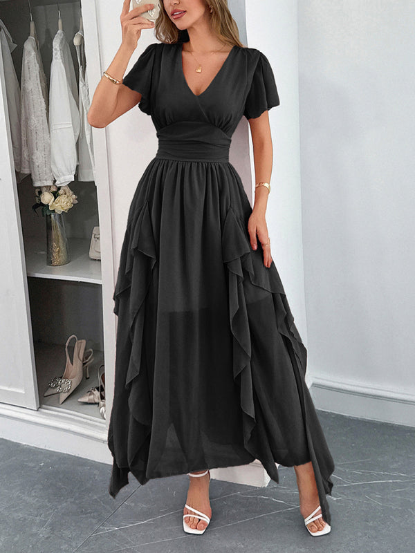 Elegant short-sleeved deep V long dress