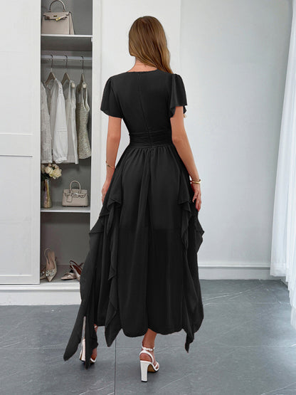 Elegant short-sleeved deep V long dress