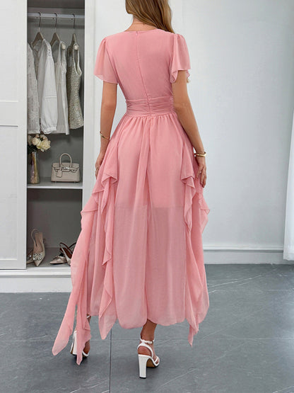 Elegant short-sleeved deep V long dress