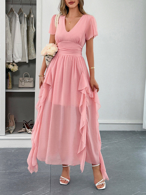 Elegant short-sleeved deep V long dress