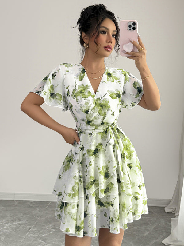 Printed deep V mini dress