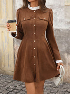 Retro elegant ruffled corduroy long-sleeved dress