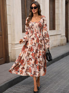 Retro French elegant printed dress with square neckline and slits