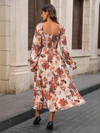 Retro French elegant printed dress with square neckline and slits