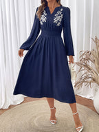 New holiday ethnic style waist v-neck blue embroidered dress