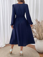 New holiday ethnic style waist v-neck blue embroidered dress