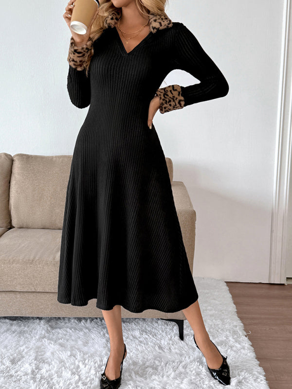 Robe à col en V et imprimé léopard colorblock  Image secondaire du produit