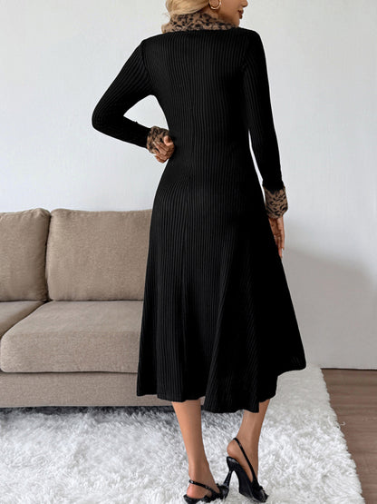 V-neck leopard print colorblock dress