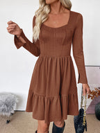 New elegant retro style waist knitted solid color square neck A-line dress