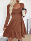 New elegant retro style waist knitted solid color square neck A-line dress