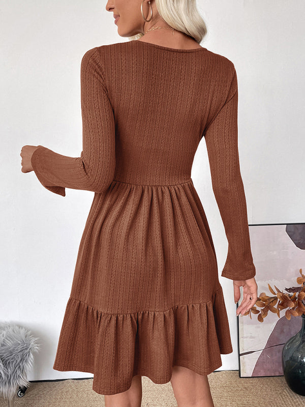 New elegant retro style waist knitted solid color square neck A-line dress