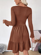 New elegant retro style waist knitted solid color square neck A-line dress