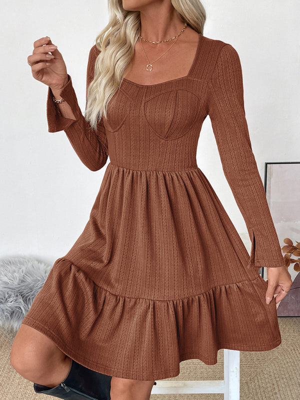New elegant retro style waist knitted solid color square neck A-line dress